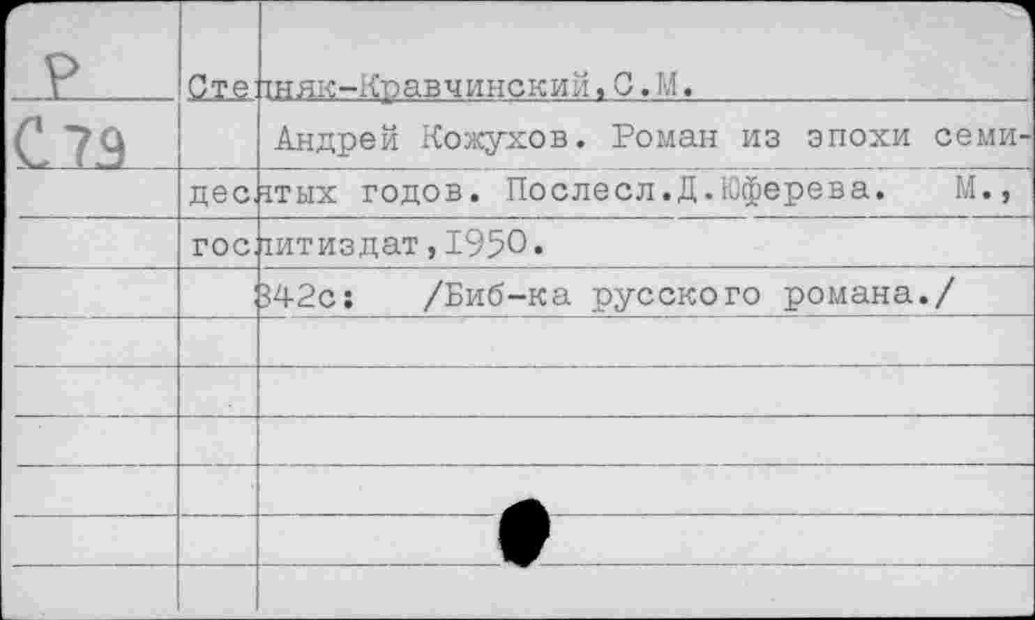 ﻿Г _₽		Сте1	тняк-Кравчинский, С.М.
С 7.9		Андрей Кожухов. Роман из эпохи семи-
	дес.	ггых годов. Послесл.Д.Юферева. М.,
	гос.	1итиздат, 1950.
	1	342с:	/Биб-ка русского романа./
		
		
		
		
		
		